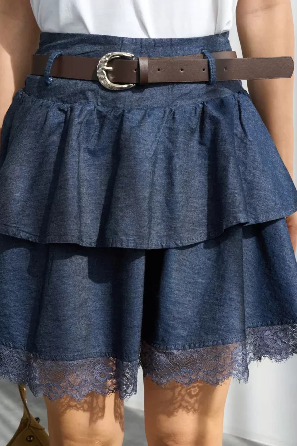 Dantel Detaylı Katlı Lacivert Mini Etek