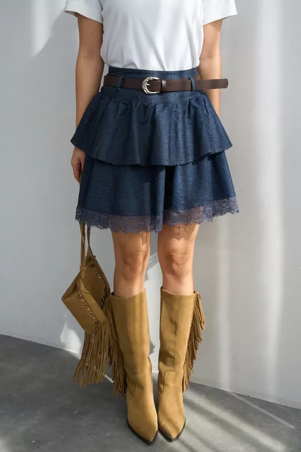 Dantel Detaylı Katlı Lacivert Mini Etek