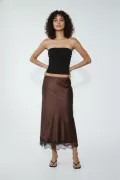 Dantel Detaylı Koyu Kahve Saten Etek