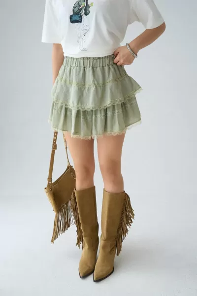 Dantel Detaylı Şortlu Çağla Yeşili Keten Etek