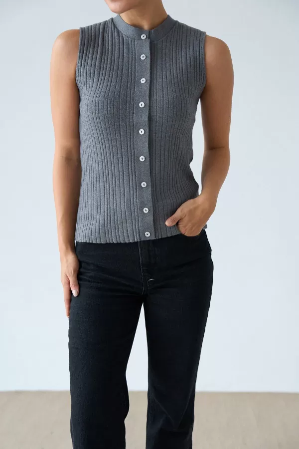 Düğmeli Antrasit Triko Yelek Bluz