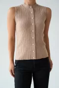 Düğmeli Camel Triko Yelek Bluz