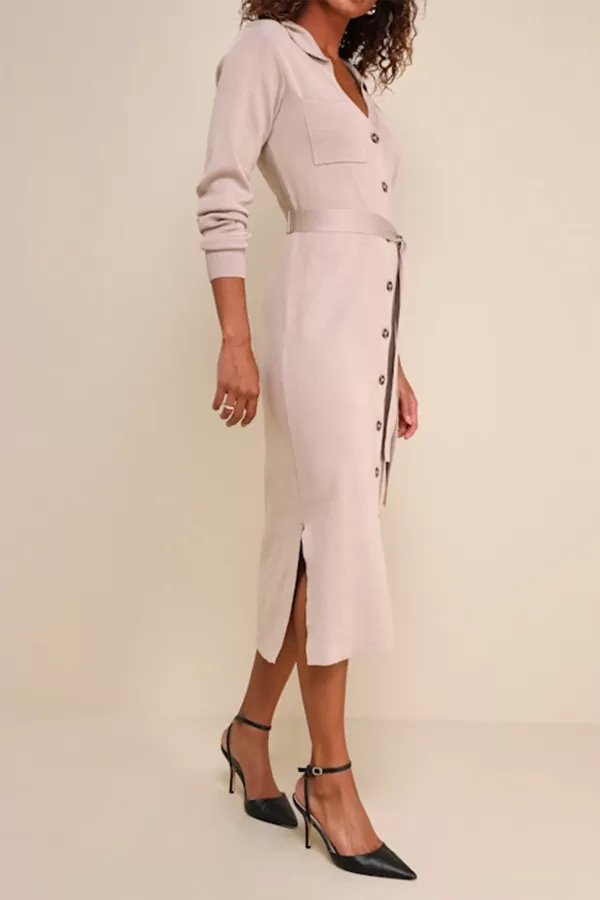 Düğmeli Gömlek Yaka Bej Triko Midi Elbise