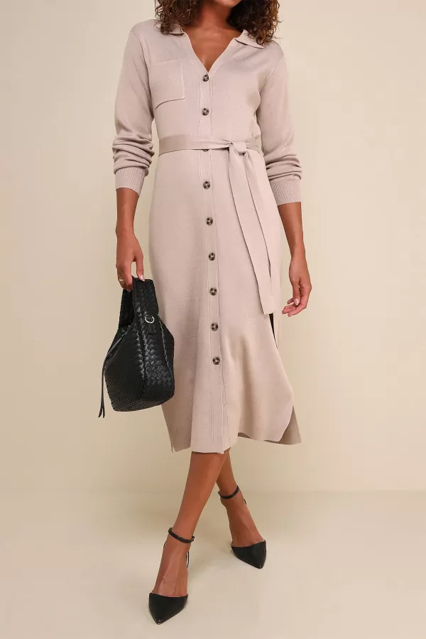 Düğmeli Gömlek Yaka Bej Triko Midi Elbise