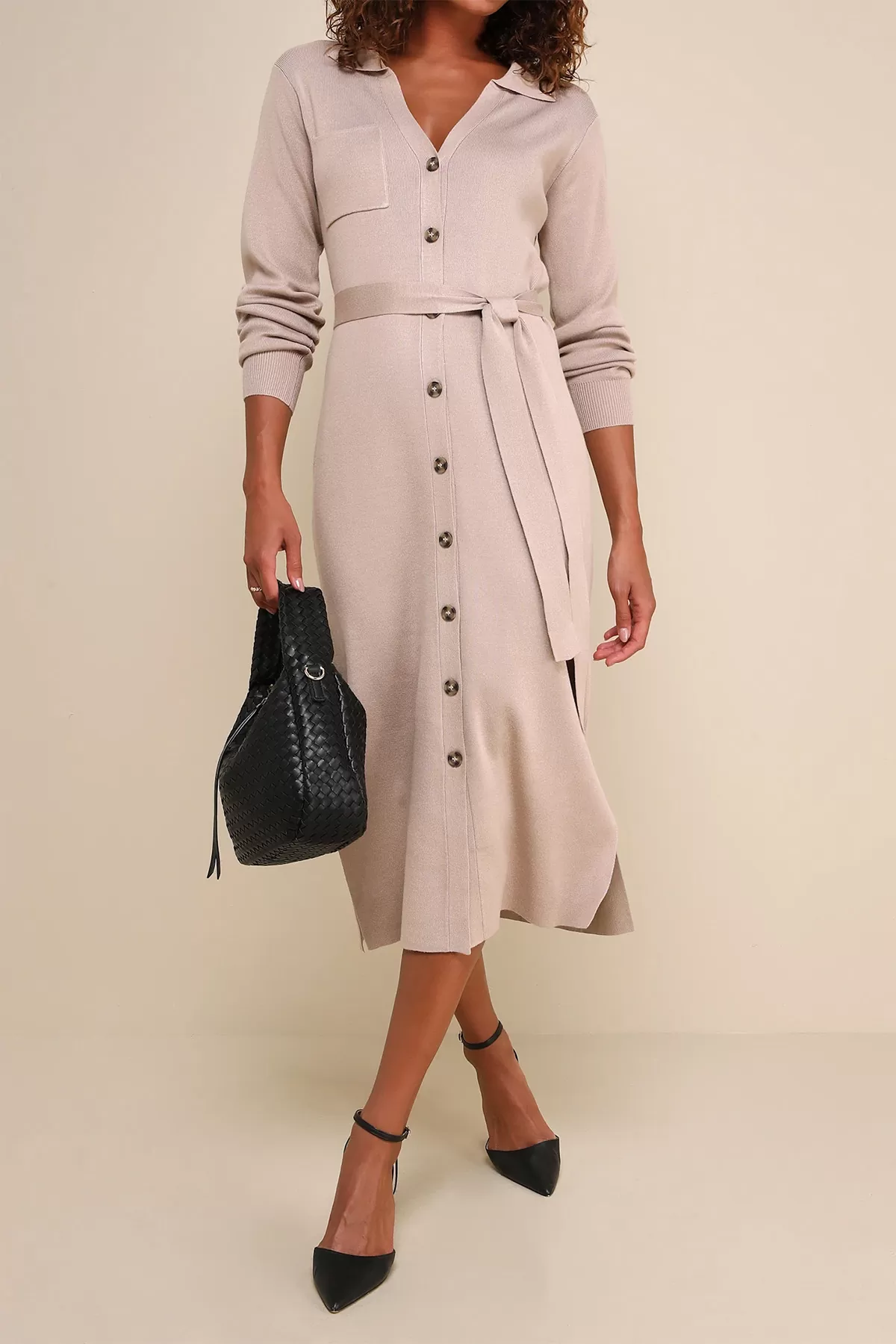 Düğmeli Gömlek Yaka Bej Triko Midi Elbise