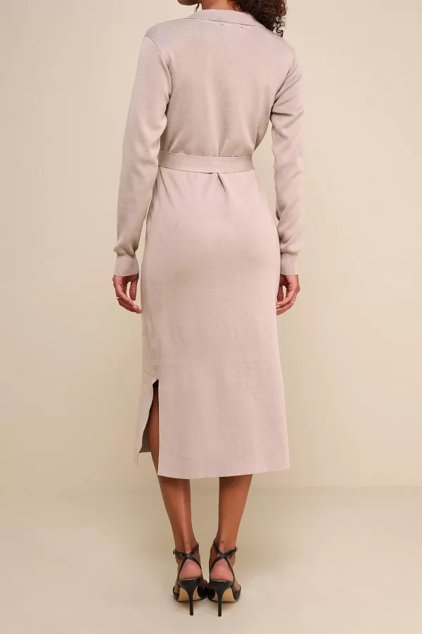 Düğmeli Gömlek Yaka Bej Triko Midi Elbise