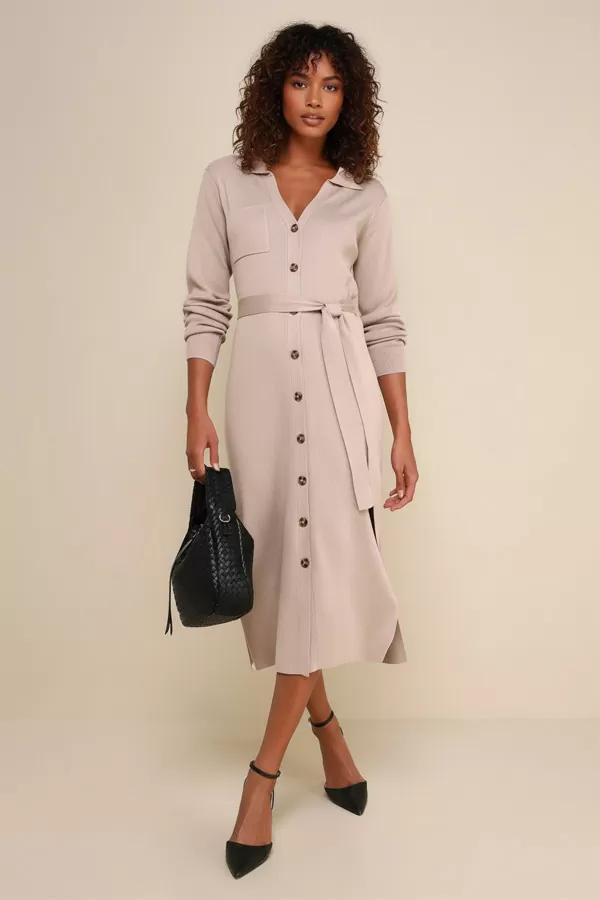 Düğmeli Gömlek Yaka Bej Triko Midi Elbise