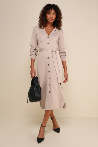 Düğmeli Gömlek Yaka Bej Triko Midi Elbise