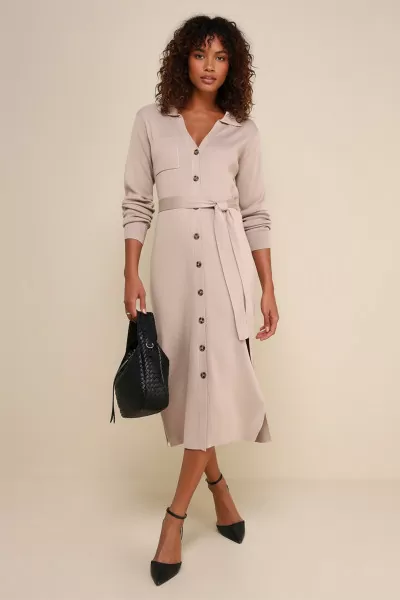 Düğmeli Gömlek Yaka Bej Triko Midi Elbise