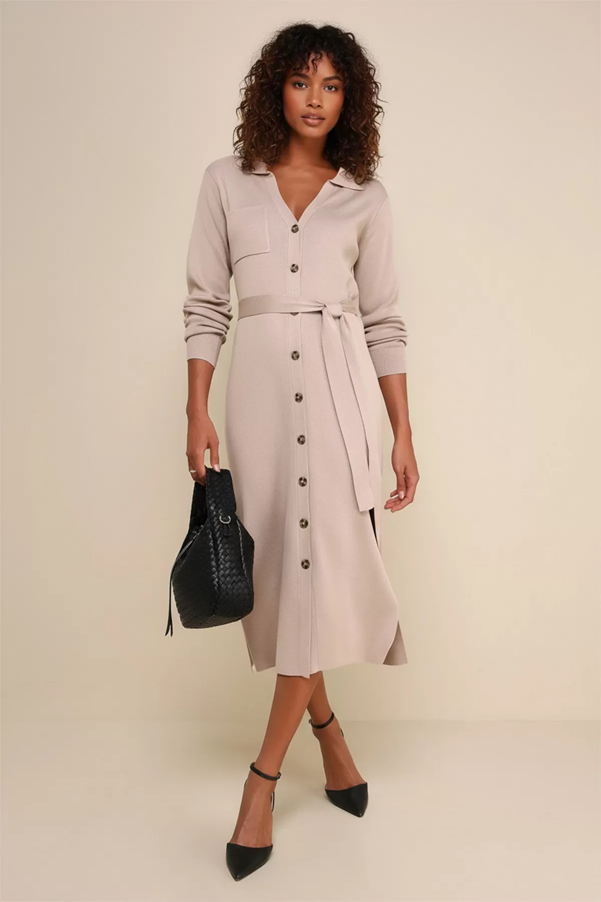 Düğmeli Gömlek Yaka Bej Triko Midi Elbise