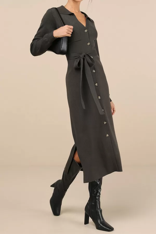 Düğmeli Gömlek Yaka Koyu Zeytin Yeşili Midi Elbise