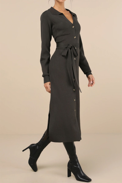 Düğmeli Gömlek Yaka Koyu Zeytin Yeşili Midi Elbise