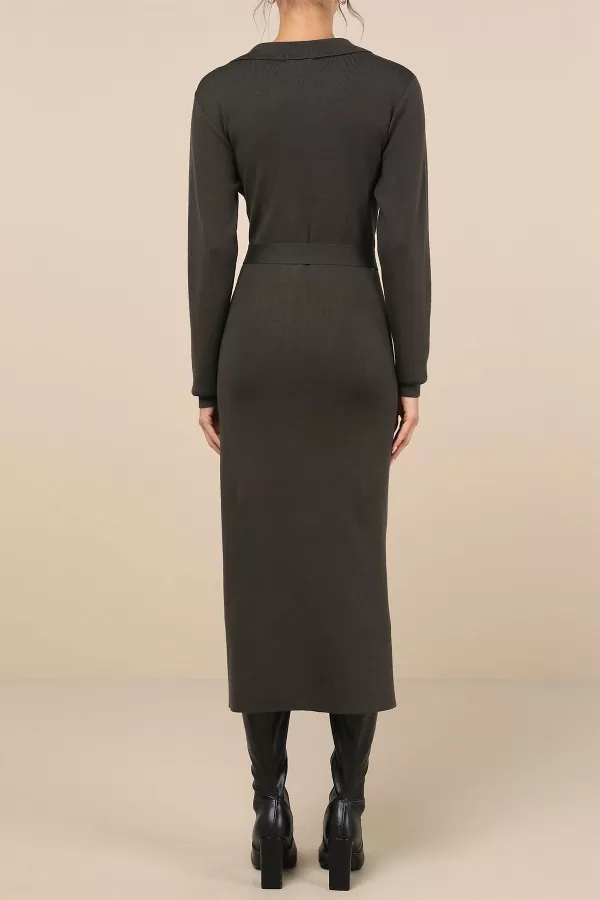 Düğmeli Gömlek Yaka Koyu Zeytin Yeşili Midi Elbise