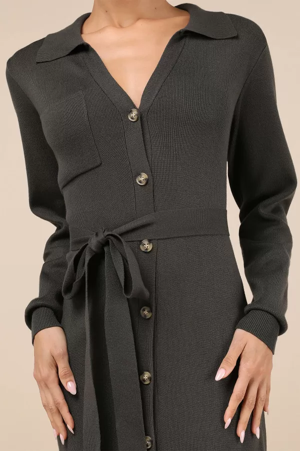 Düğmeli Gömlek Yaka Koyu Zeytin Yeşili Midi Elbise