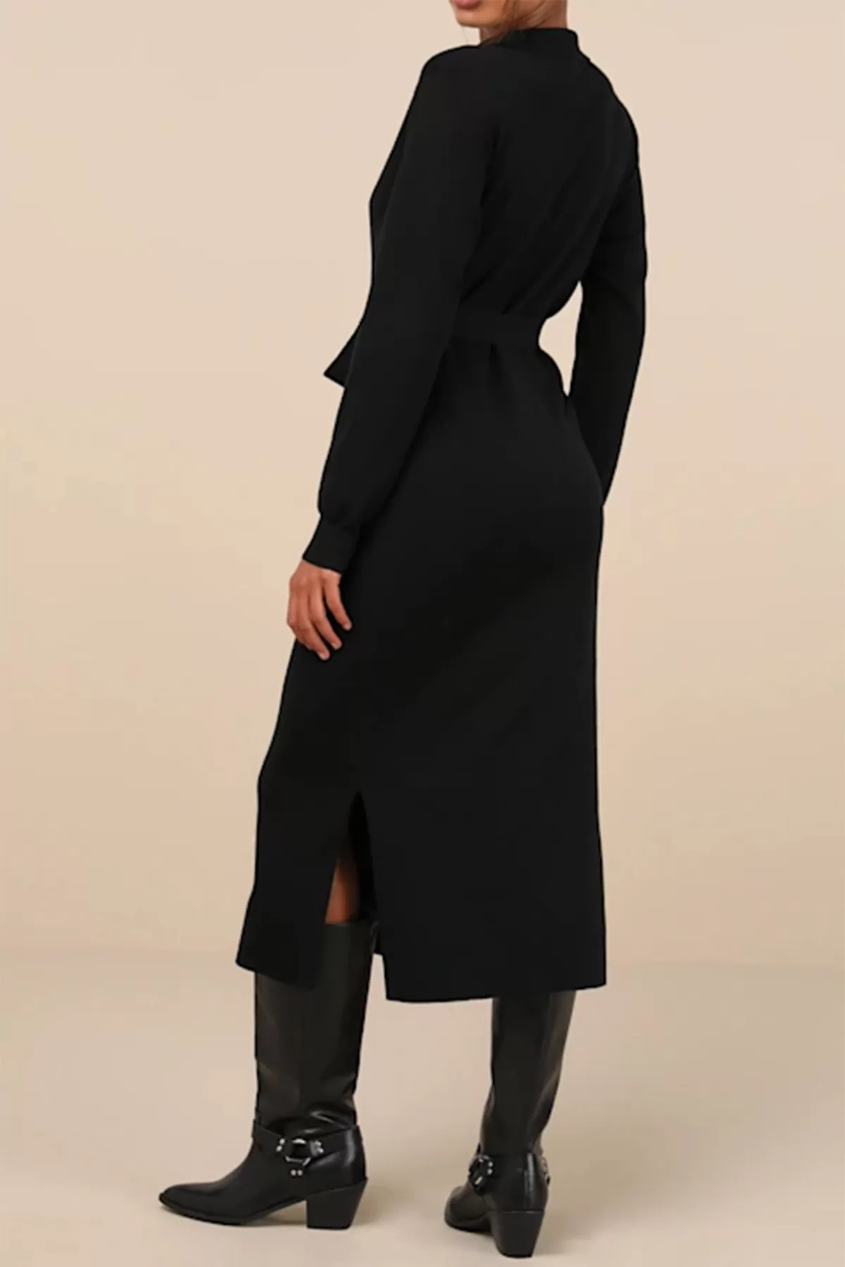 Düğmeli Gömlek Yaka Siyah Midi Elbise