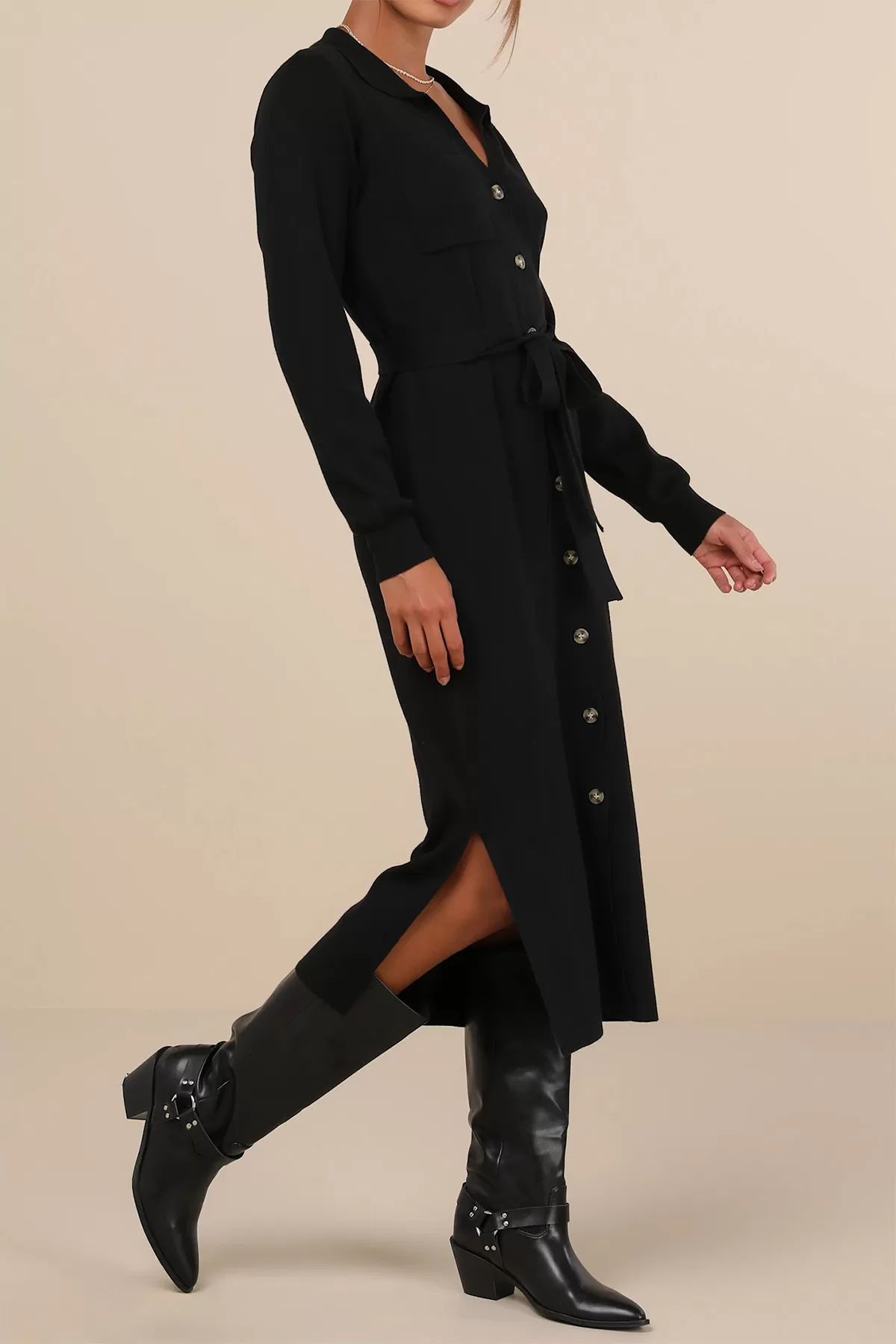 Düğmeli Gömlek Yaka Siyah Midi Elbise