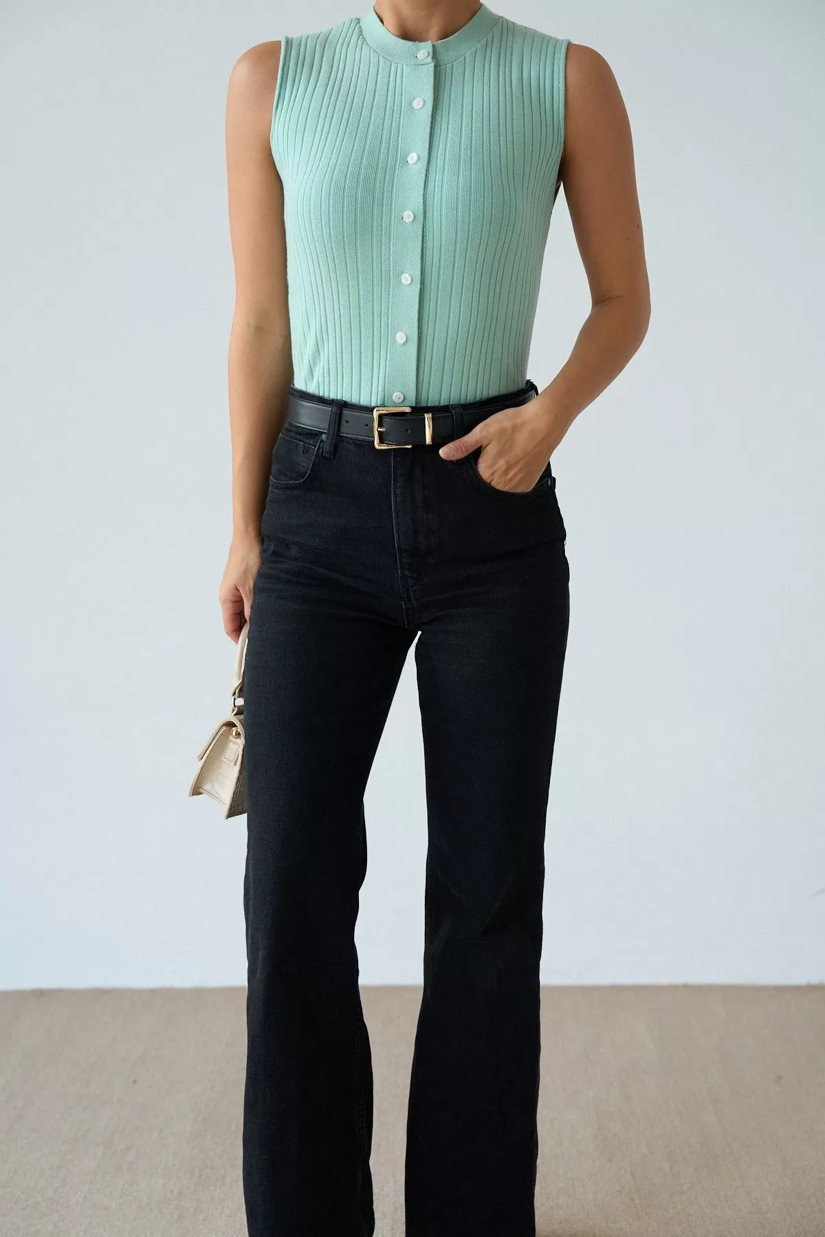 Düğmeli Mint Yeşili Triko Yelek Bluz