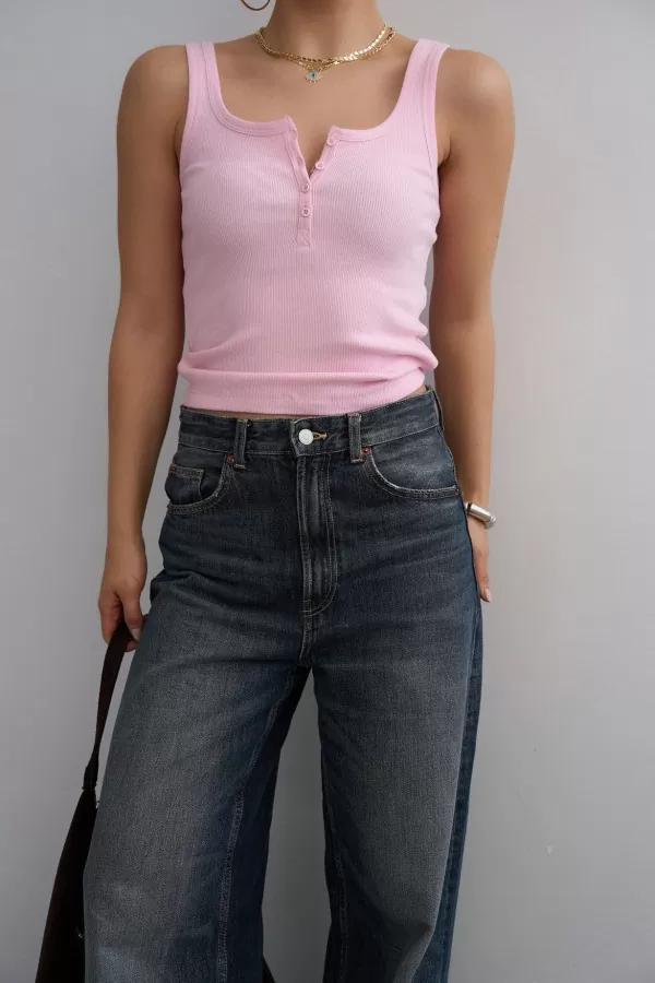 Düğmeli Pembe Örme Kadın Atlet