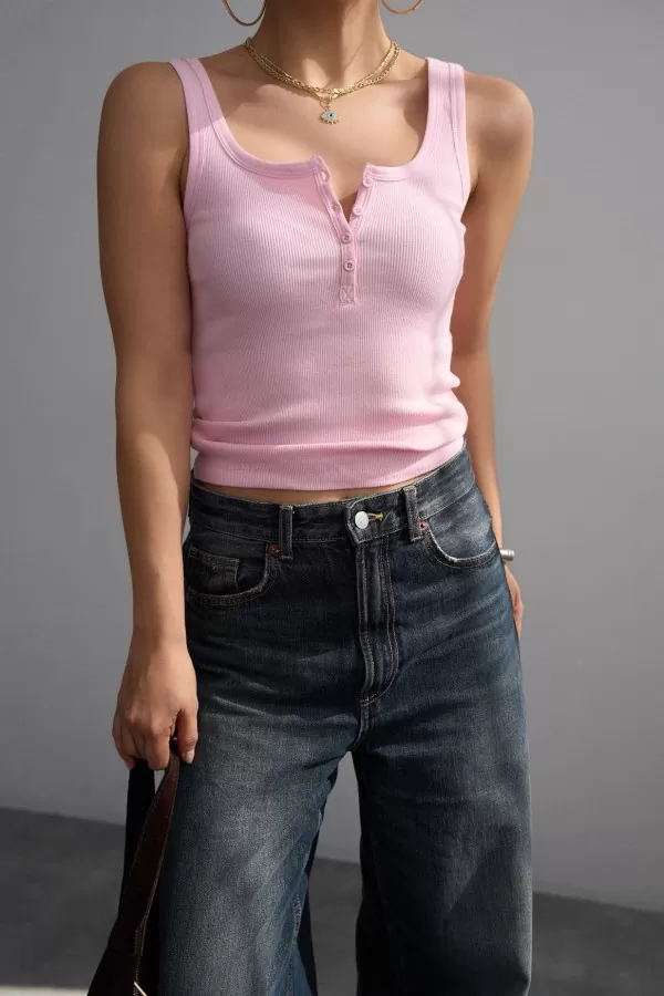 Düğmeli Pembe Örme Kadın Atlet