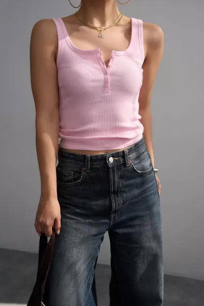 Düğmeli Pembe Örme Kadın Atlet