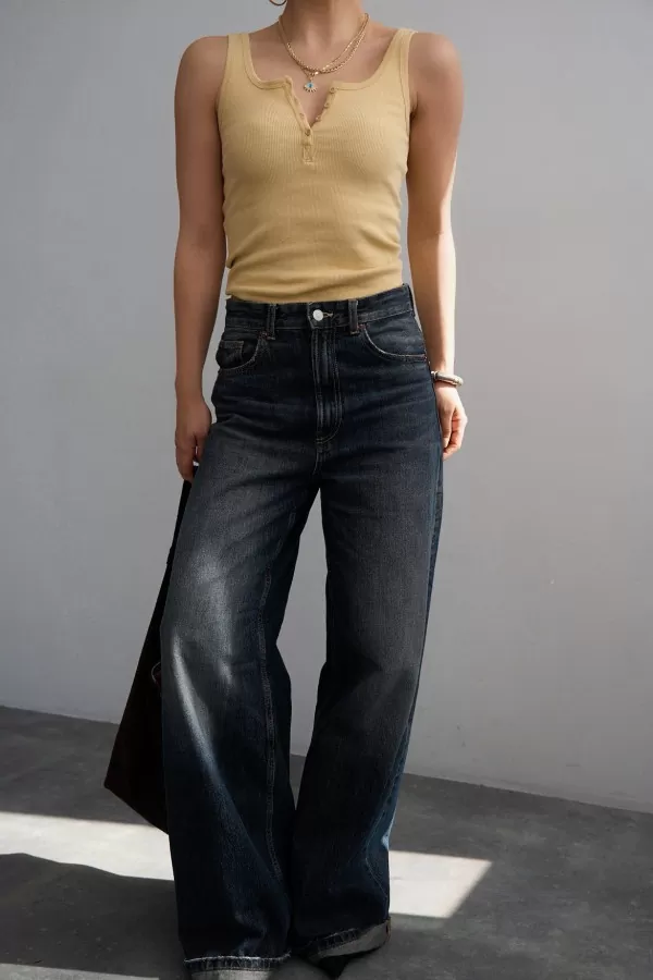 Düğmeli Sarı Örme Kadın Atlet