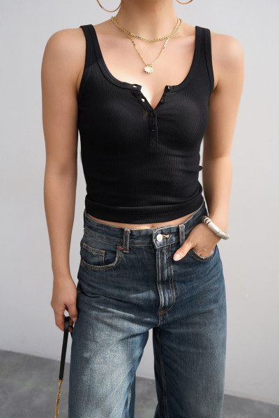 Düğmeli Siyah Örme Kadın Atlet