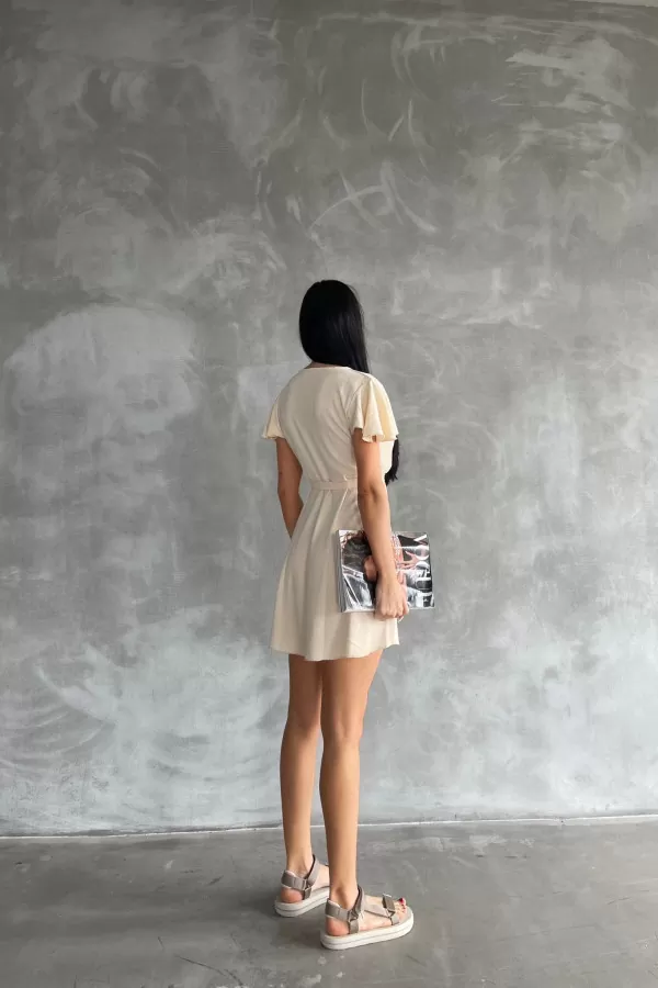 Ekru Bürümcük Kumaş Kısa Elbise