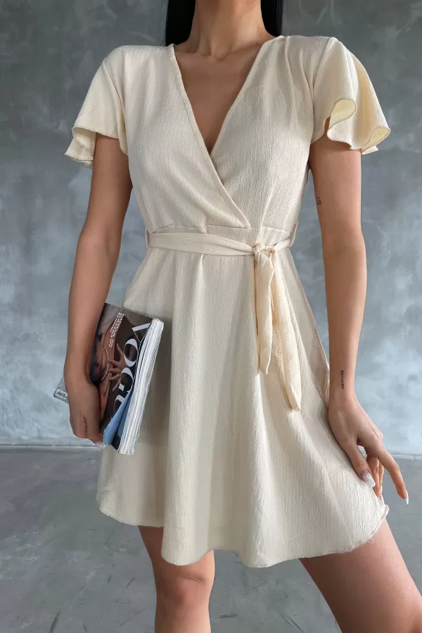 Ekru Bürümcük Kumaş Kısa Elbise