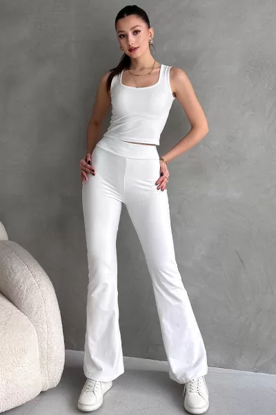 Ekru Dalgıç Kumaş Crop Pantolon İkili Takım