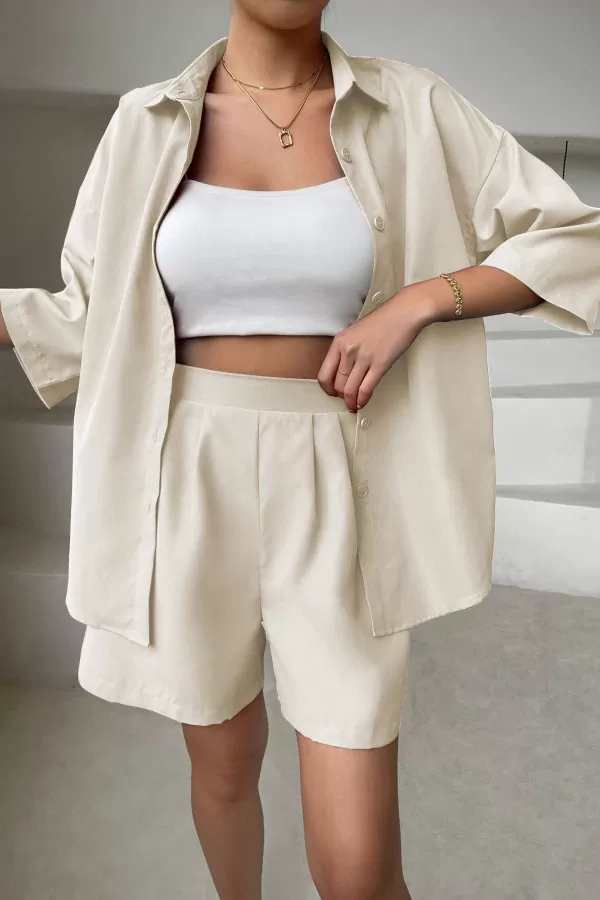 Ekru Gömlek Şort Kadın İkili Takım
