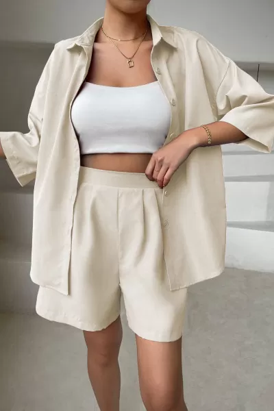 Ekru Gömlek Şort Kadın İkili Takım