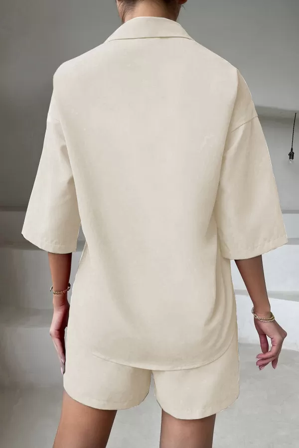 Ekru Gömlek Şort Kadın İkili Takım