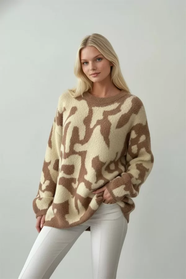 Ekru Kahve Soyut Desenli Triko Kadın Kazak