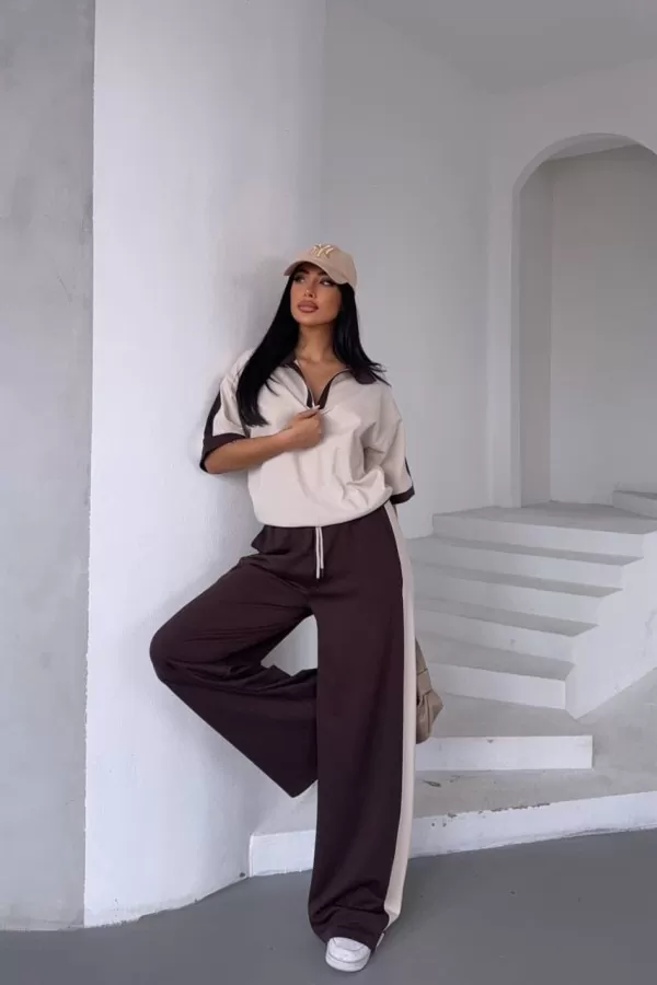 Ekru Kahverengi İkili Kadın Alt Üst Takım