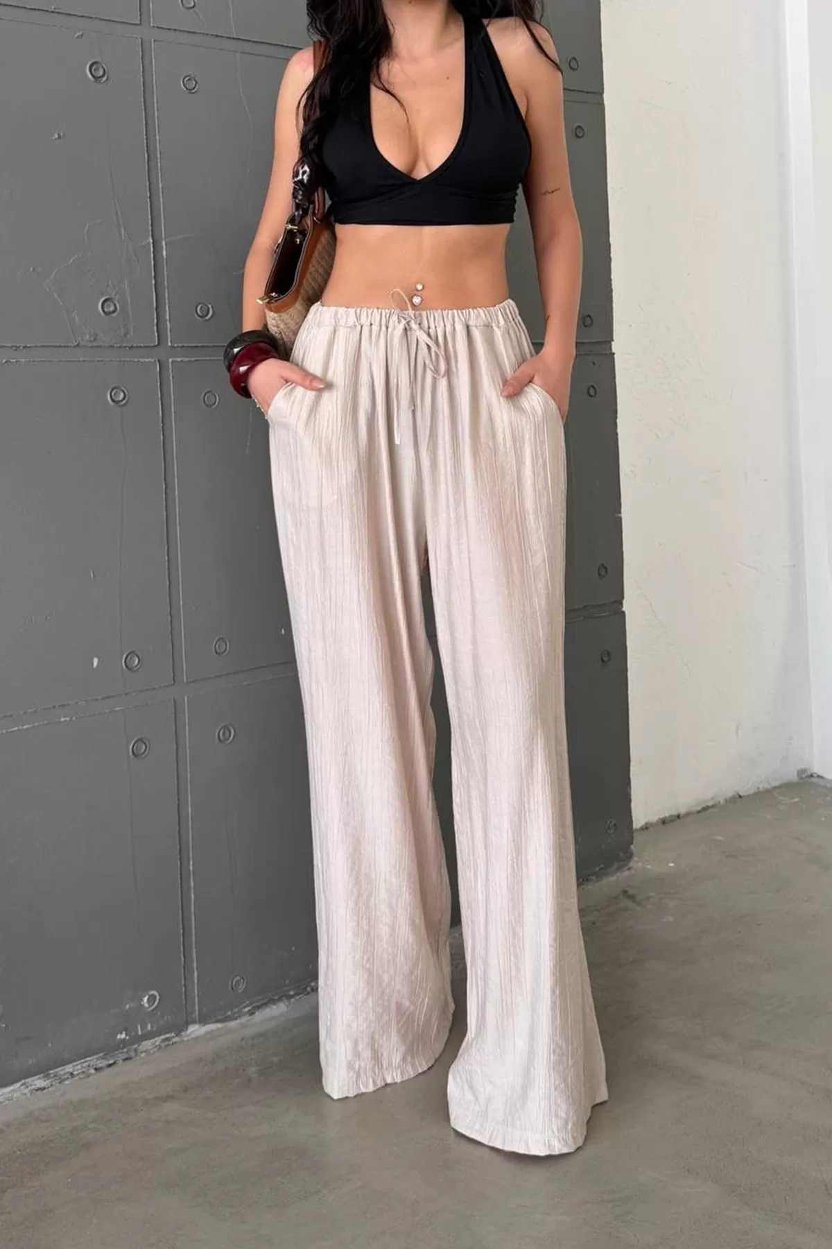 Ekru Keten Kadın Pantolon
