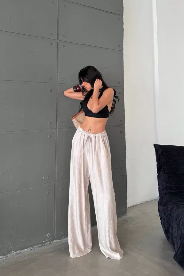 Ekru Keten Kadın Pantolon