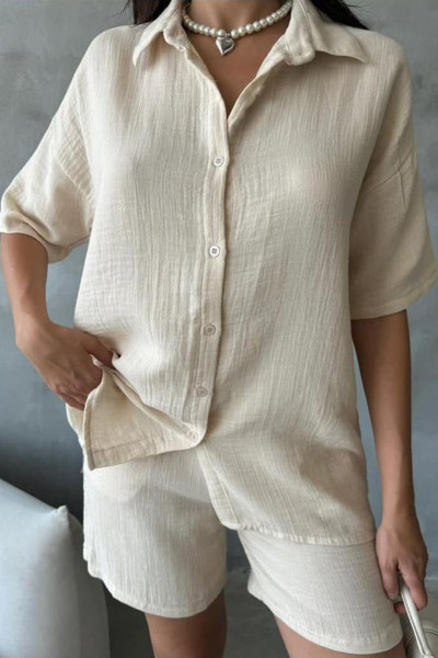 Ekru Keten Şort Gömlek Kadın Alt Üst Takım