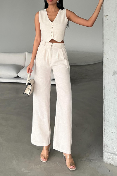 Ekru Keten Yelek Pantolon Kadın Alt Üst Takım