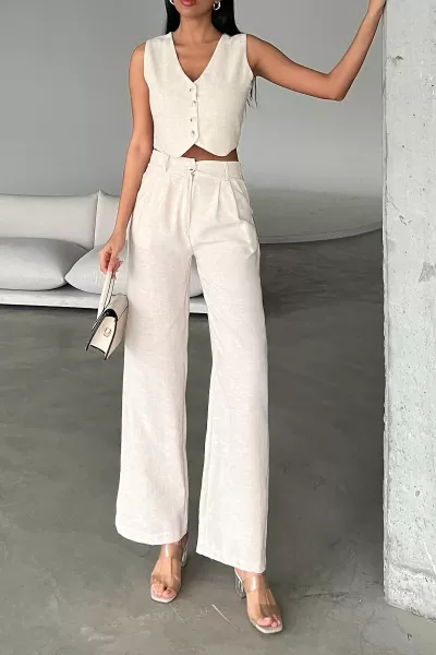 Ekru Keten Yelek Pantolon Kadın Alt Üst Takım