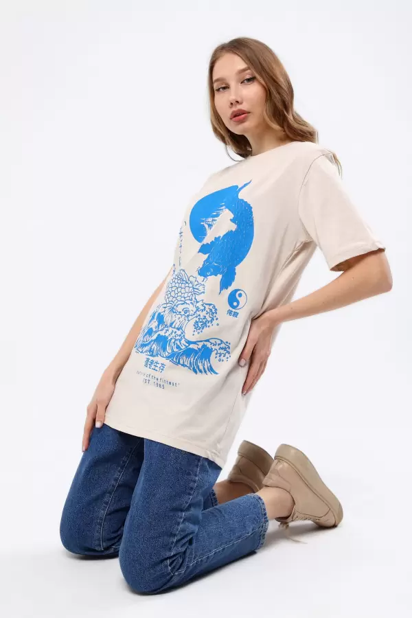 Ekru Mavi Baskılı Kadın T-Shirt