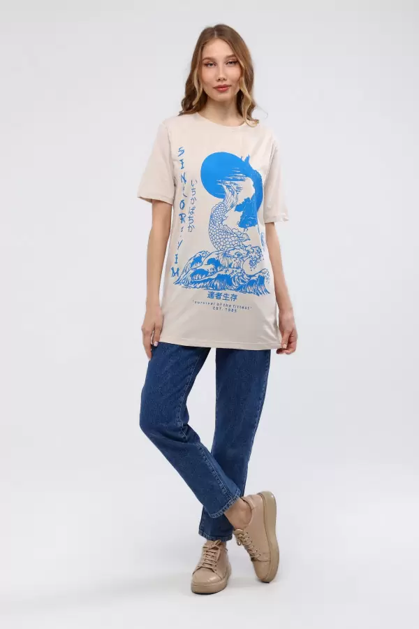 Ekru Mavi Baskılı Kadın T-Shirt