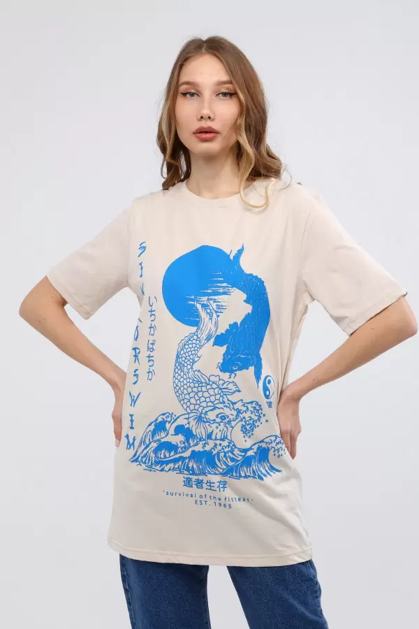 Ekru Mavi Baskılı Kadın T-Shirt