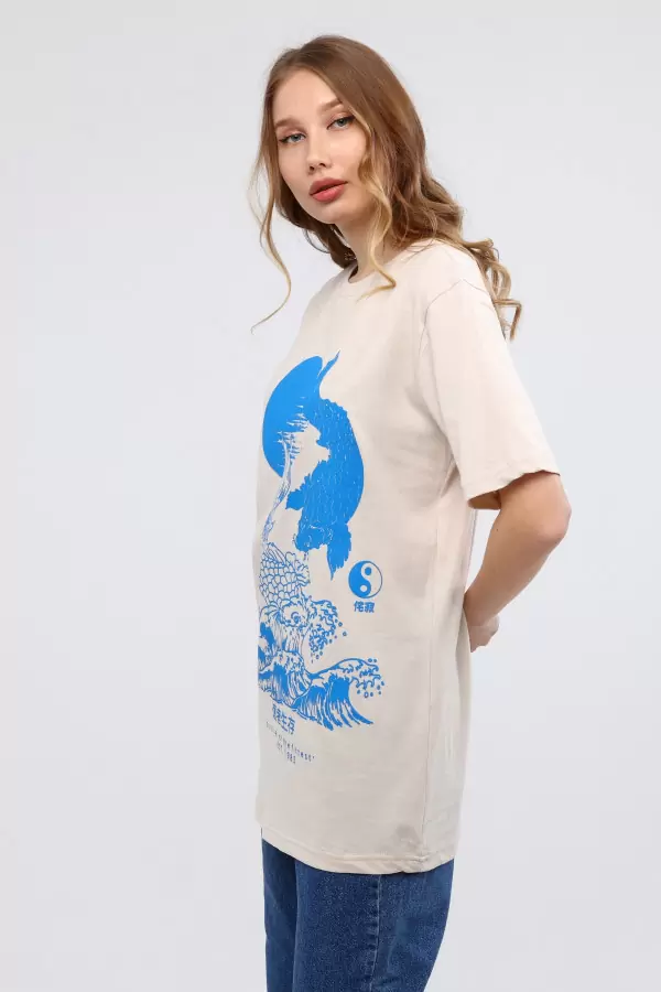 Ekru Mavi Baskılı Kadın T-Shirt