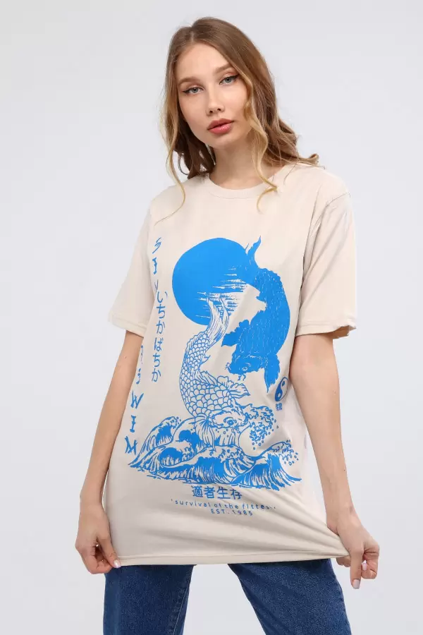 Ekru Mavi Baskılı Kadın T-Shirt
