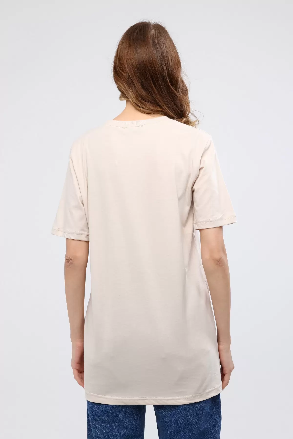 Ekru Mavi Baskılı Kadın T-Shirt