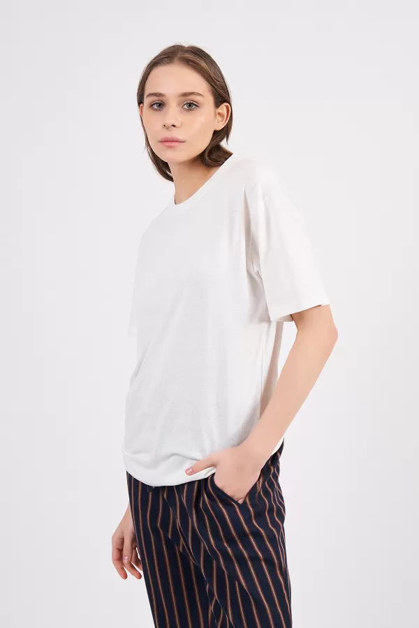 Ekru Pamuklu Basic Kadın T-Shirt