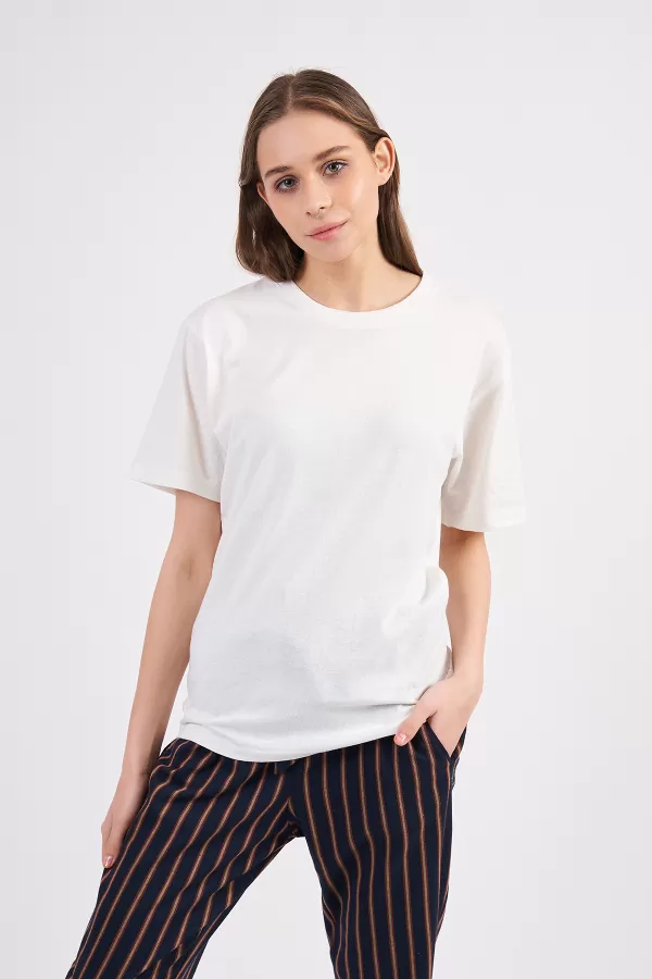 Ekru Pamuklu Basic Kadın T-Shirt