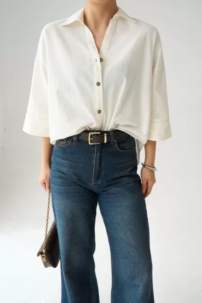 Ekru Pamuklu Keten Kadın Gömlek