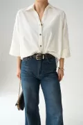Ekru Pamuklu Keten Kadın Gömlek