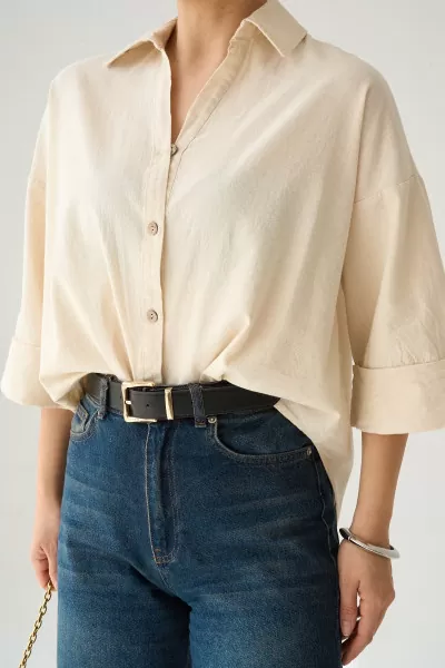 Ekru Pamuklu Keten Kadın Gömlek